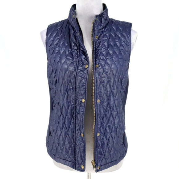 Talbots Puffer Vest Petites MP PM Navy Blue Quilted Full Zip Snaps Pockets - Picture 1 of 16